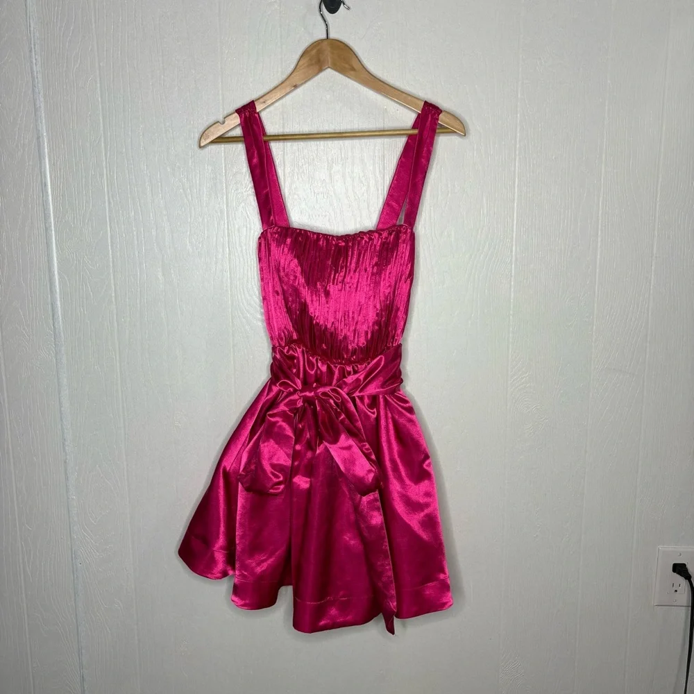 Anthropologie Hot Pink Satin Mini Dress with Bow - Picture 2 of 14
